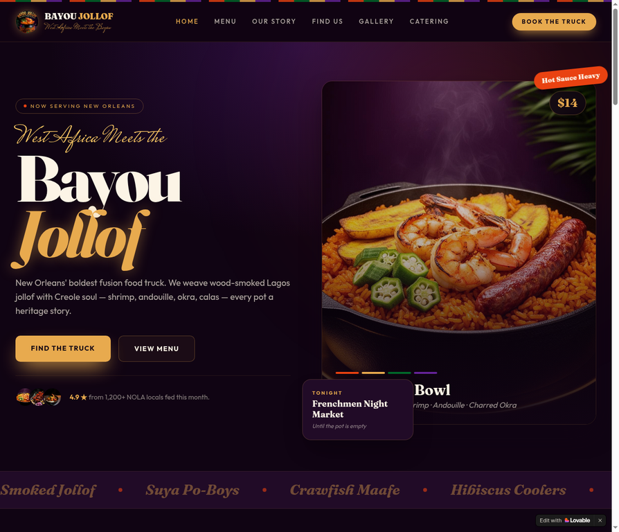 Bayou Jollof website screenshot