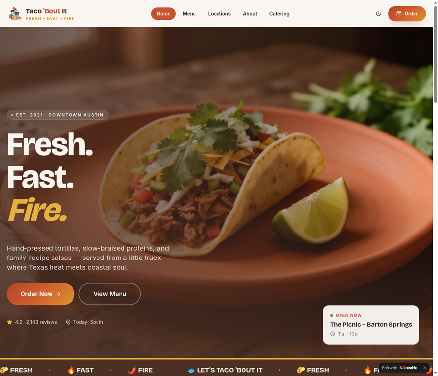 Taco 'Bout It website screenshot